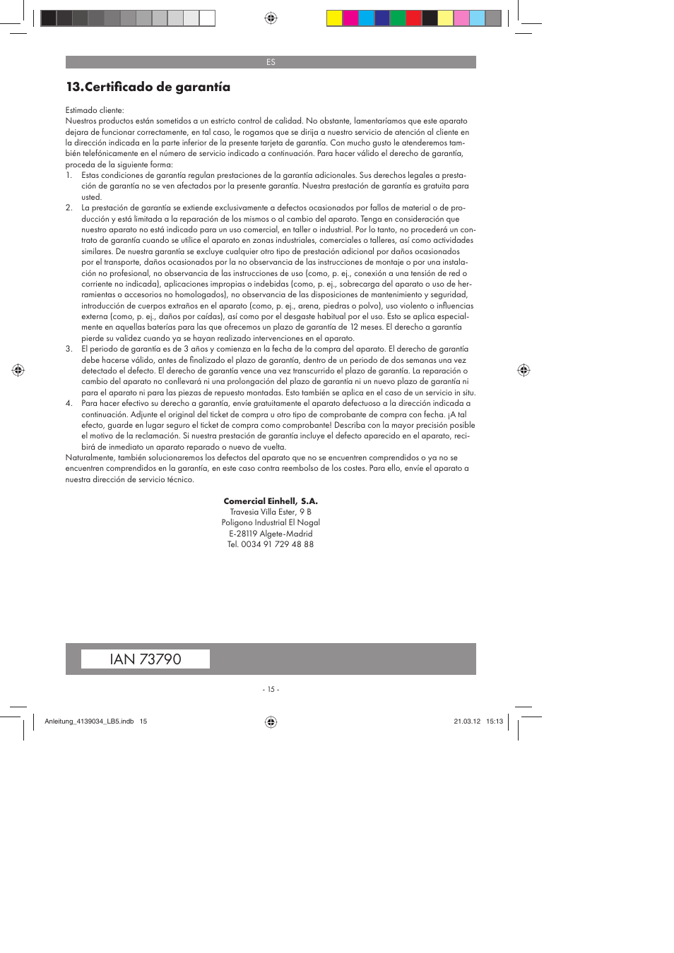 Certiﬁ cado de garantía | Parkside PDMH 4500 A2 User Manual | Page 15 / 62