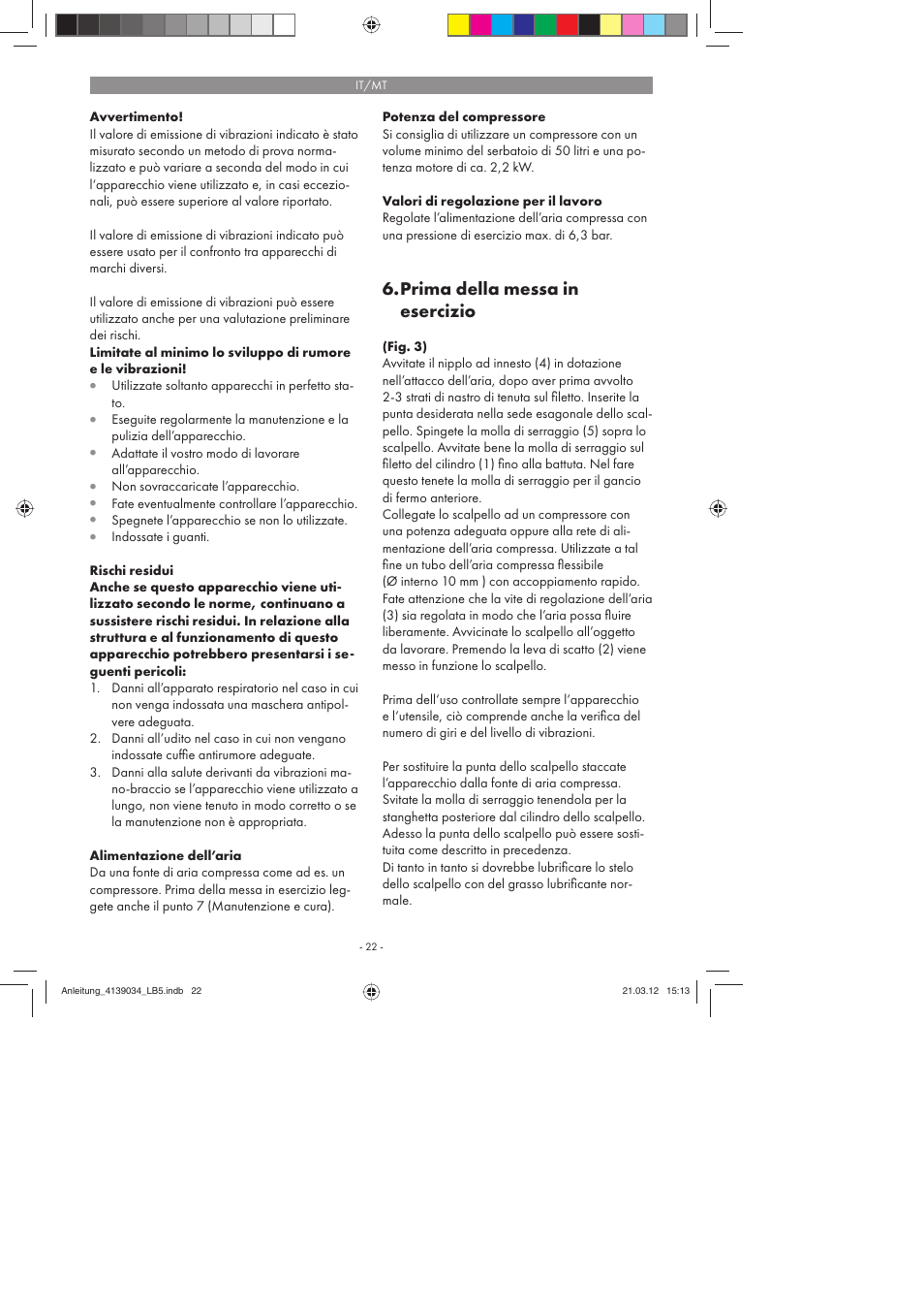 Prima della messa in esercizio | Parkside PDMH 4500 A2 User Manual | Page 22 / 62