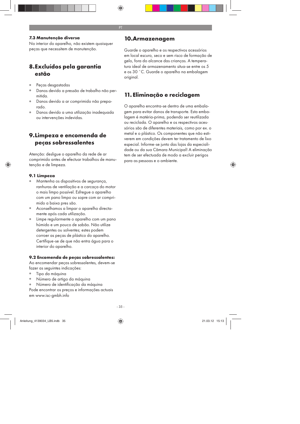 Excluídos pela garantia estão, Limpeza e encomenda de peças sobressalentes, Armazenagem | Eliminação e reciclagem | Parkside PDMH 4500 A2 User Manual | Page 35 / 62