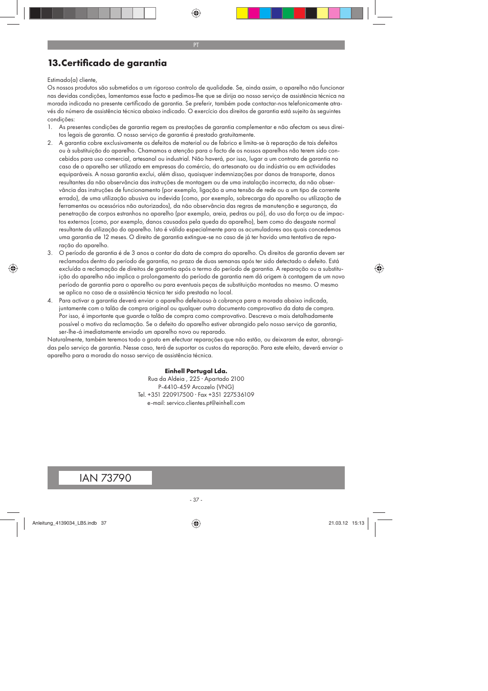 Certiﬁ cado de garantia | Parkside PDMH 4500 A2 User Manual | Page 37 / 62