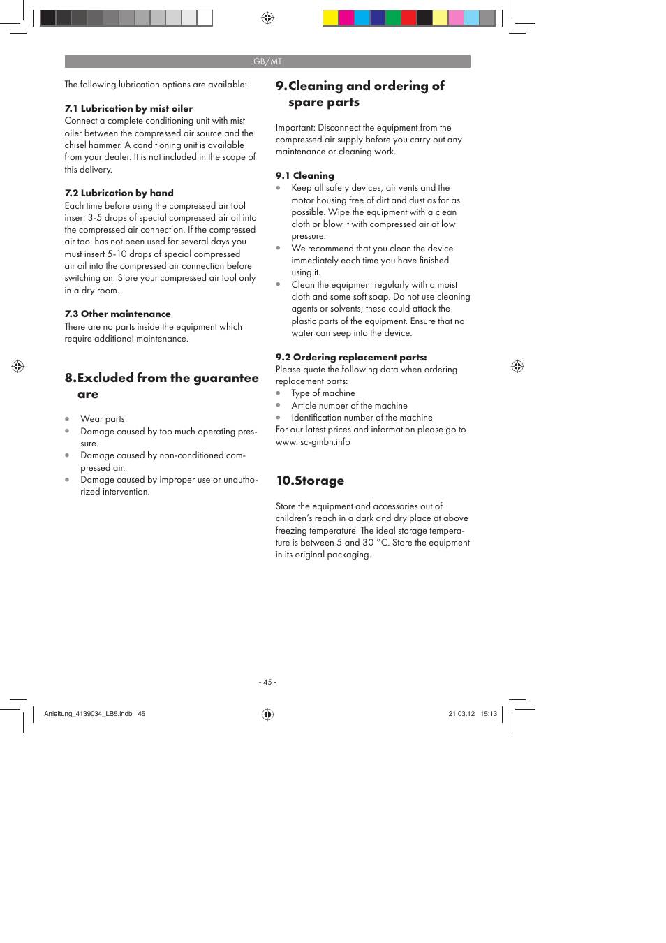Excluded from the guarantee are, Cleaning and ordering of spare parts, Storage | Parkside PDMH 4500 A2 User Manual | Page 45 / 62