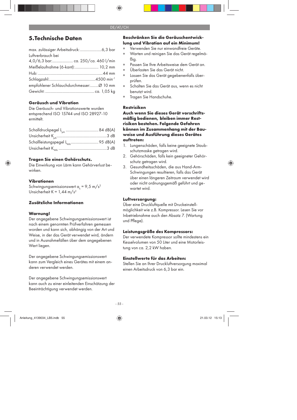 Technische daten | Parkside PDMH 4500 A2 User Manual | Page 55 / 62
