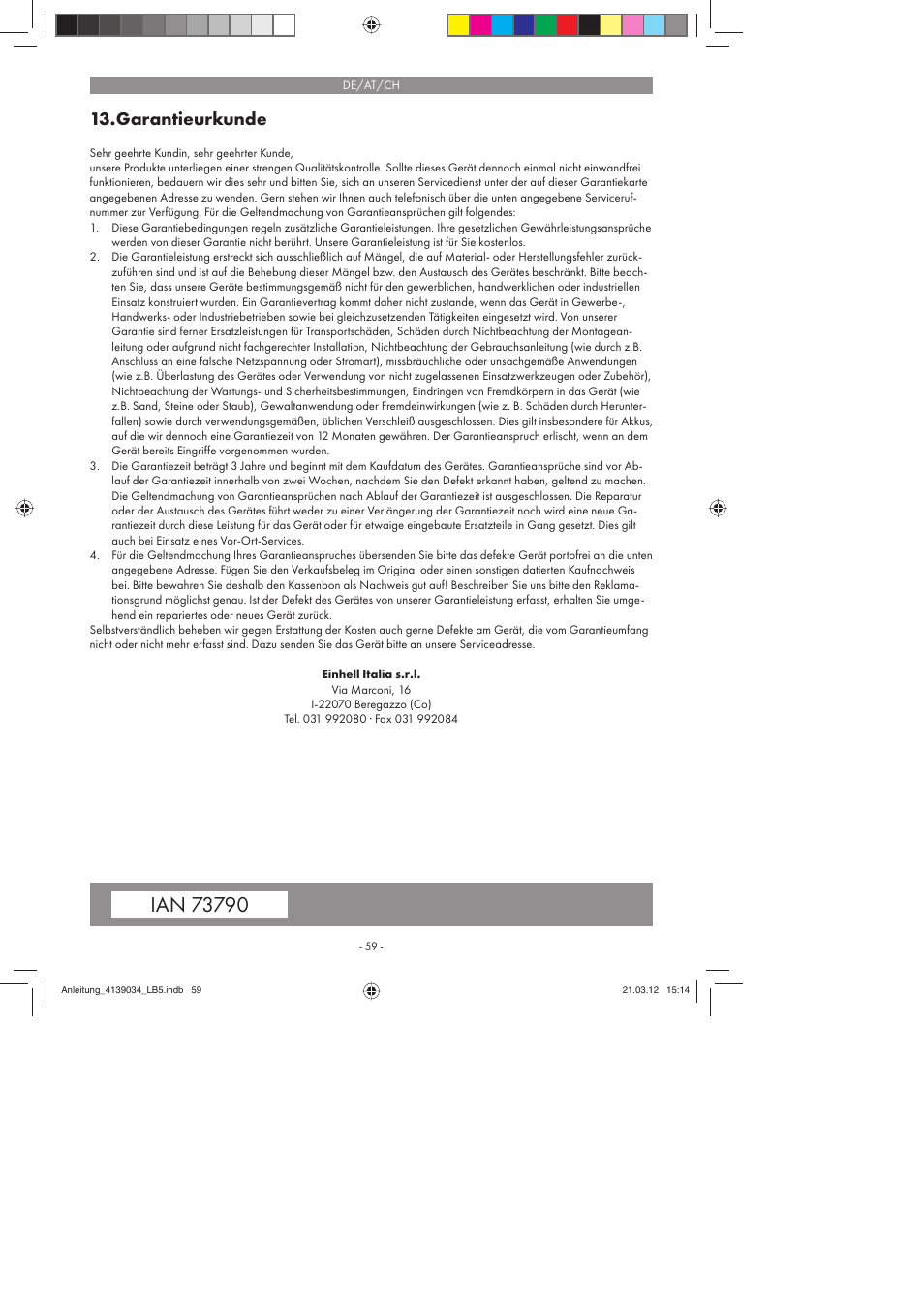 Garantieurkunde | Parkside PDMH 4500 A2 User Manual | Page 59 / 62