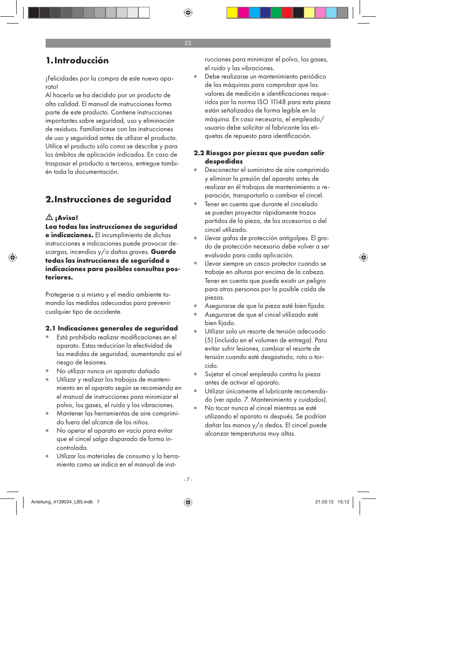 Introducción, Instrucciones de seguridad | Parkside PDMH 4500 A2 User Manual | Page 7 / 62