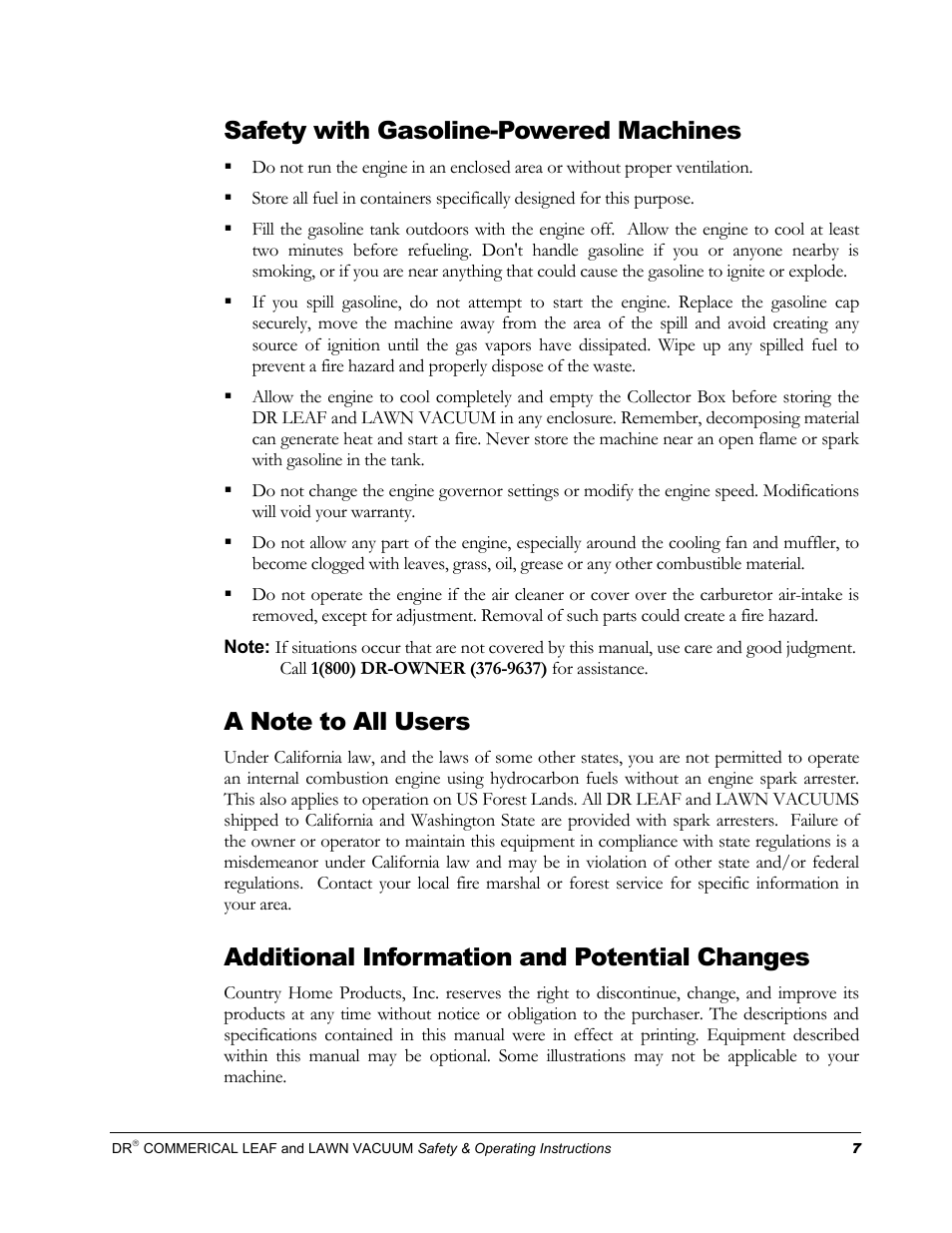 Safety with gasoline-powered machines, Additional information and potential changes | Country Home Products DR User Manual | Page 11 / 64