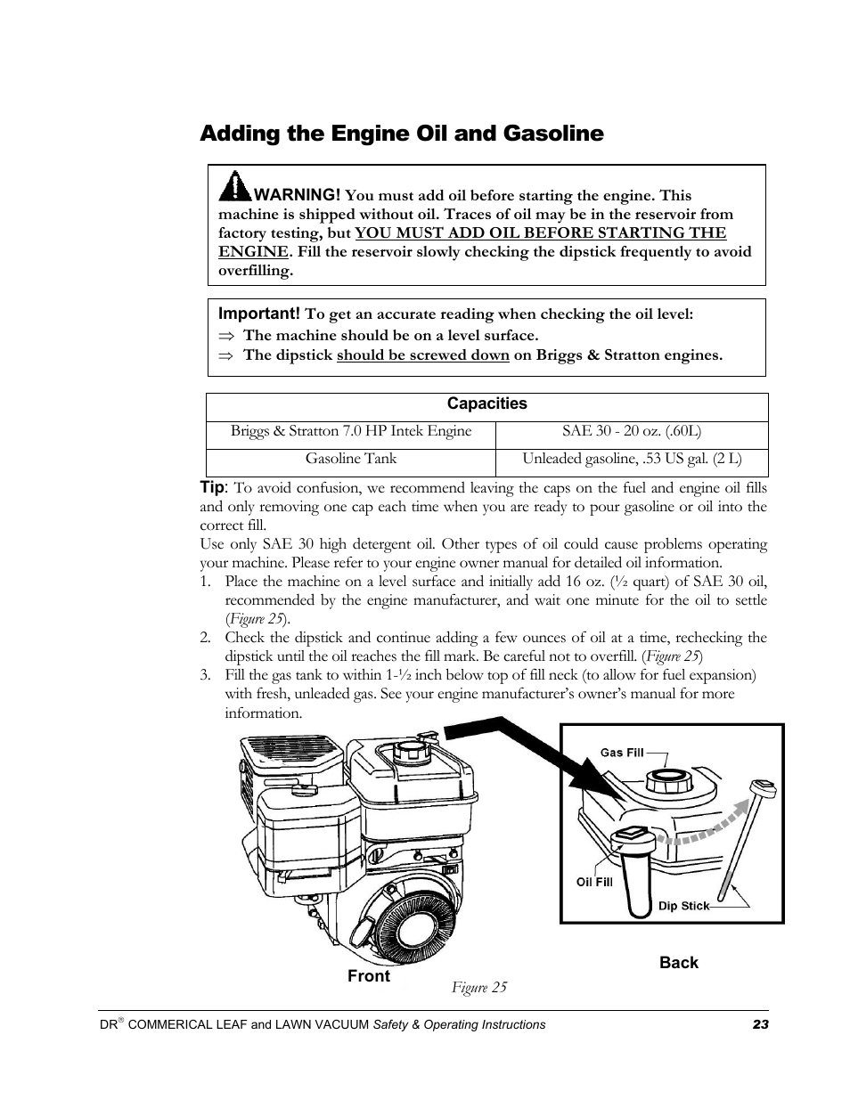 Adding the engine oil and gasoline | Country Home Products DR User Manual | Page 27 / 64