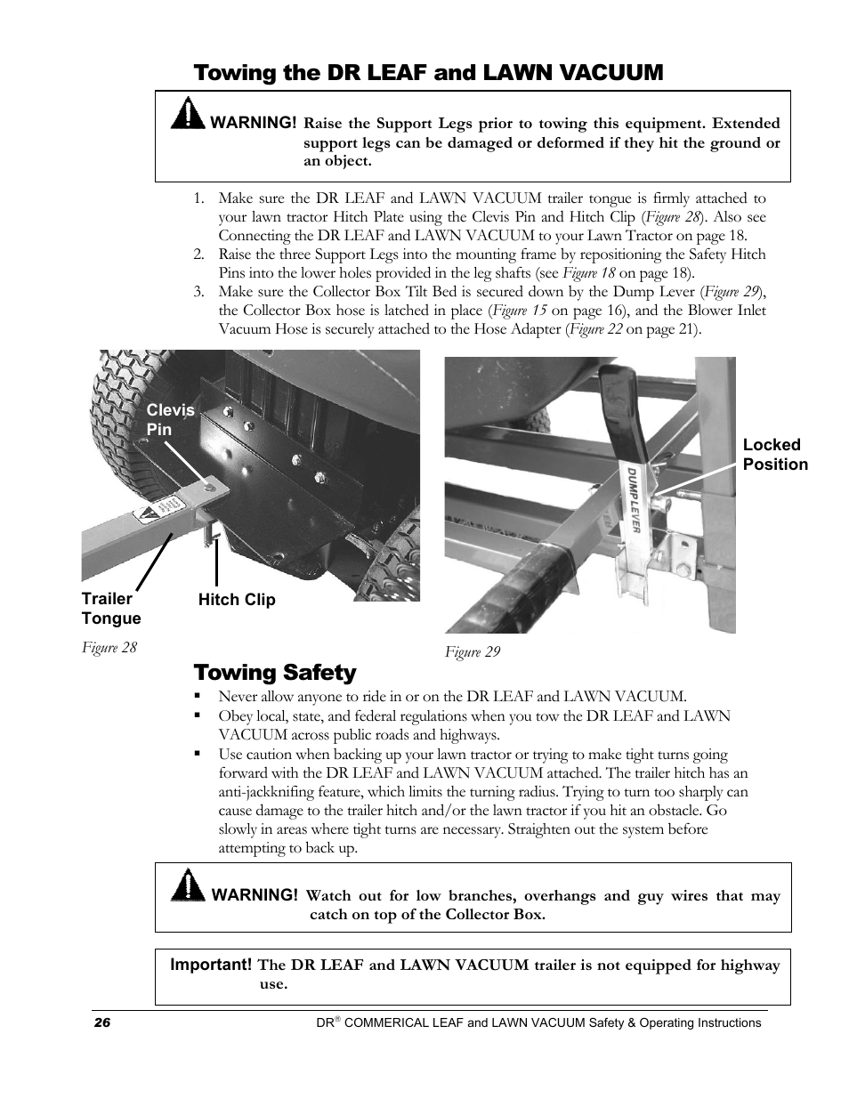 Towing the dr leaf and lawn vacuum, Towing safety | Country Home Products DR User Manual | Page 30 / 64