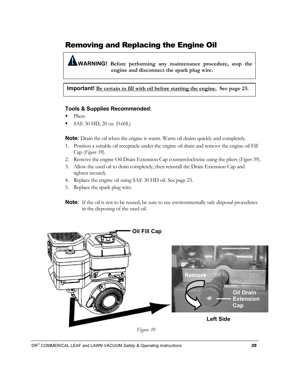 Removing and replacing the engine oil | Country Home Products DR User Manual | Page 39 / 64