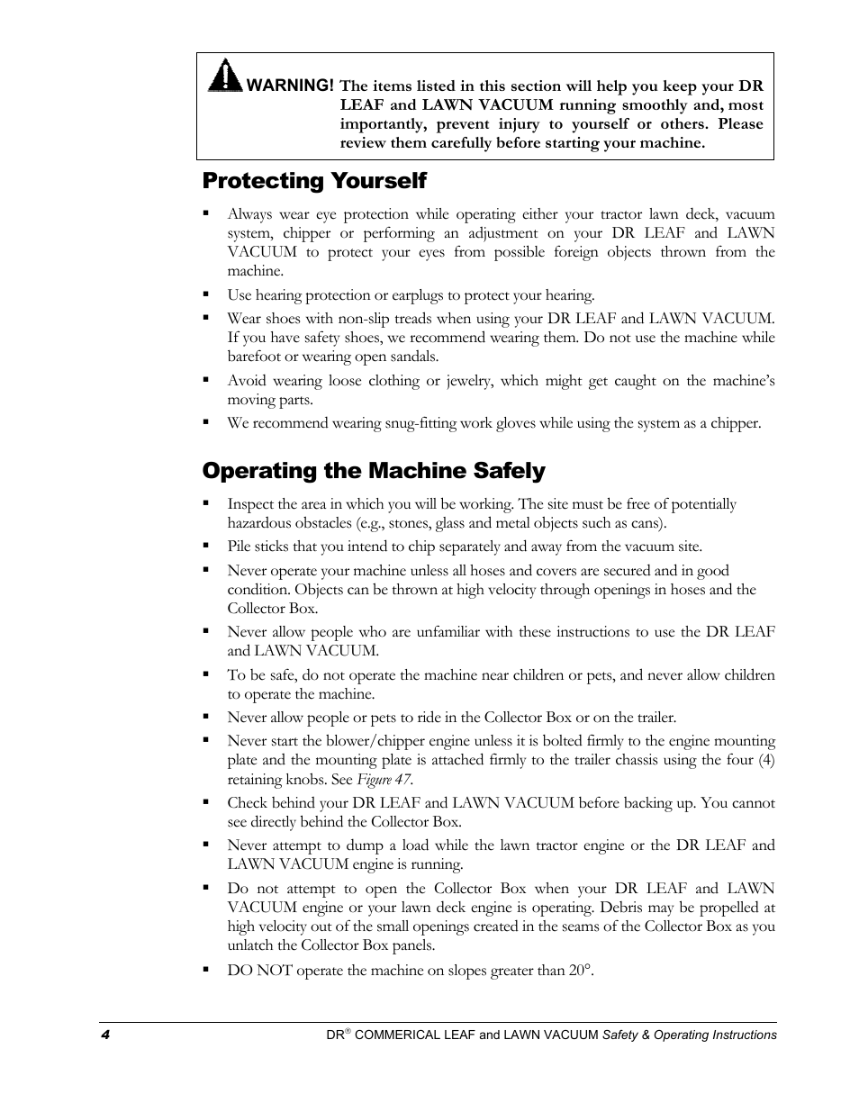 Protecting yourself, Operating the machine safely | Country Home Products DR User Manual | Page 8 / 64