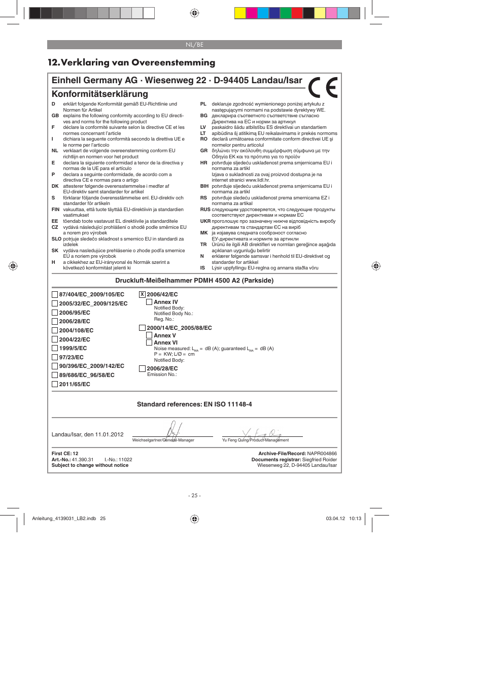 Verklaring van overeenstemming, Konformitätserklärung | Parkside PDMH 4500 A2 User Manual | Page 25 / 50