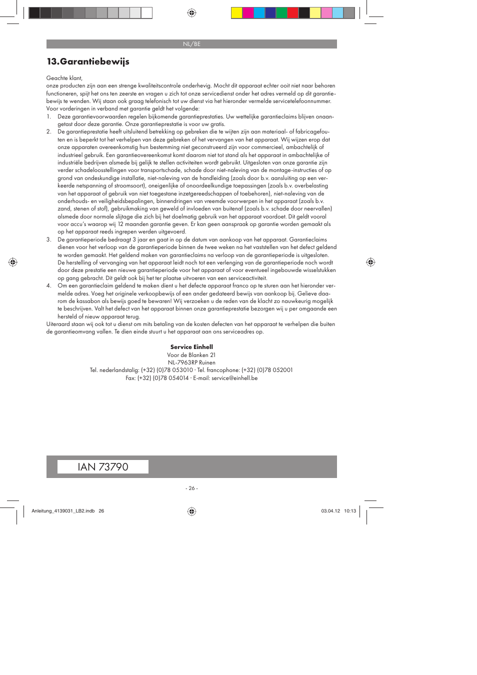 Garantiebewijs | Parkside PDMH 4500 A2 User Manual | Page 26 / 50