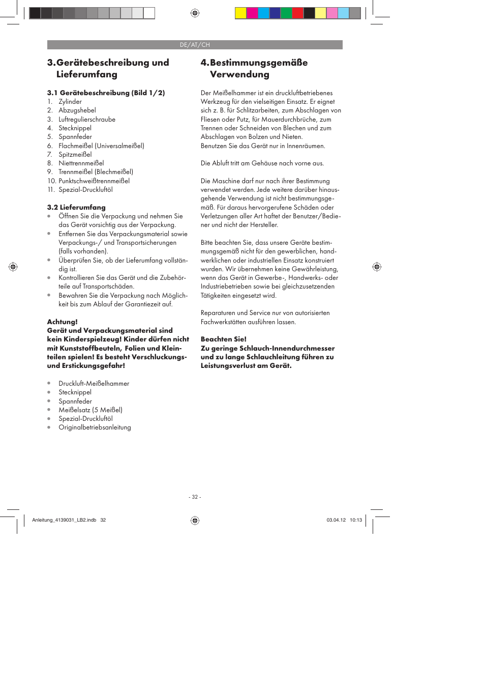 Gerätebeschreibung und lieferumfang, Bestimmungsgemäße verwendung | Parkside PDMH 4500 A2 User Manual | Page 32 / 50