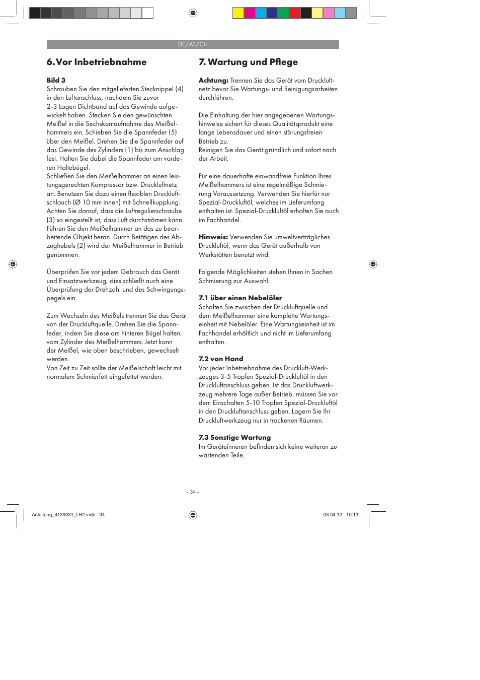 Vor inbetriebnahme, Wartung und pﬂ ege | Parkside PDMH 4500 A2 User Manual | Page 34 / 50