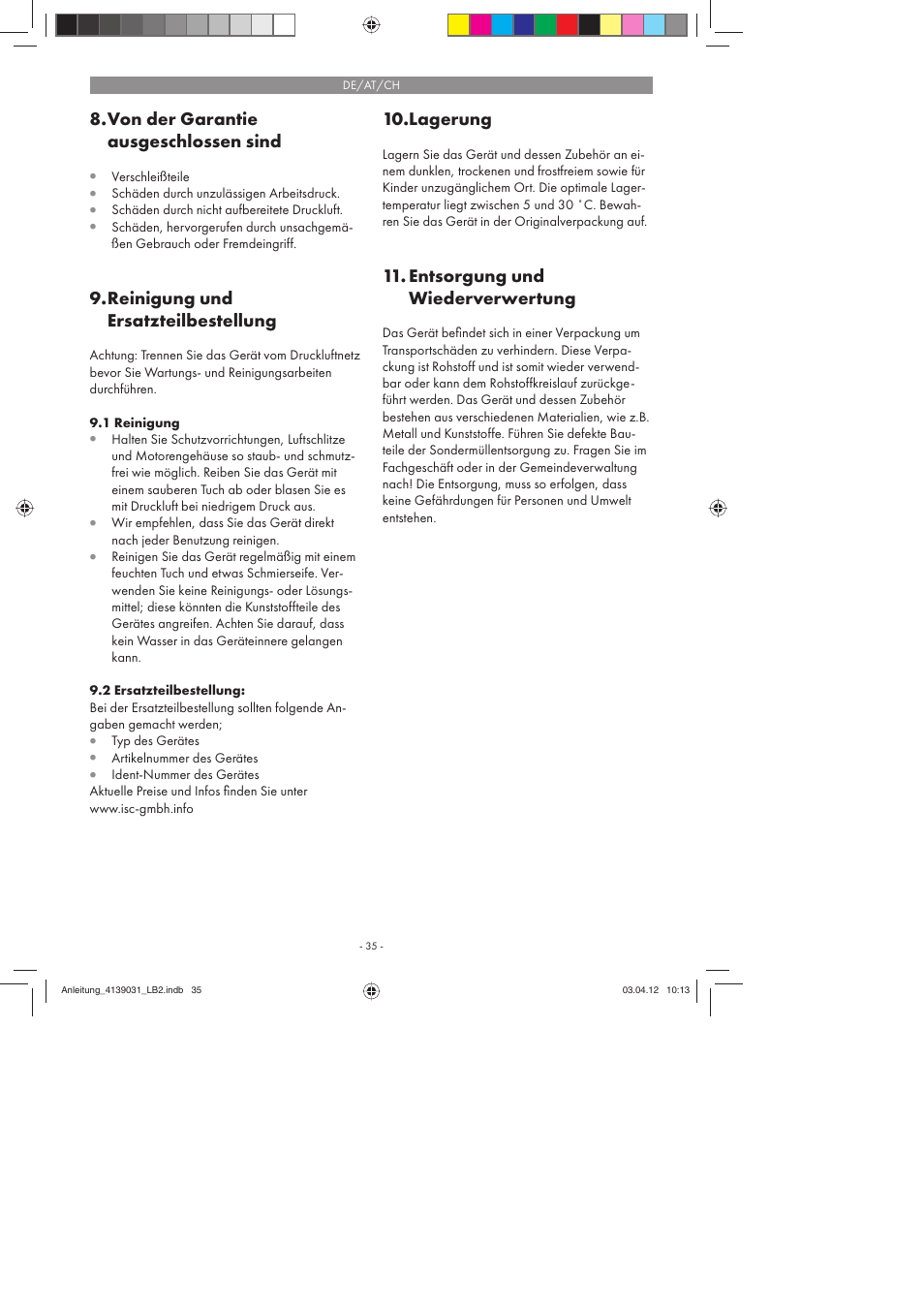 Von der garantie ausgeschlossen sind, Reinigung und ersatzteilbestellung, Lagerung | Entsorgung und wiederverwertung | Parkside PDMH 4500 A2 User Manual | Page 35 / 50