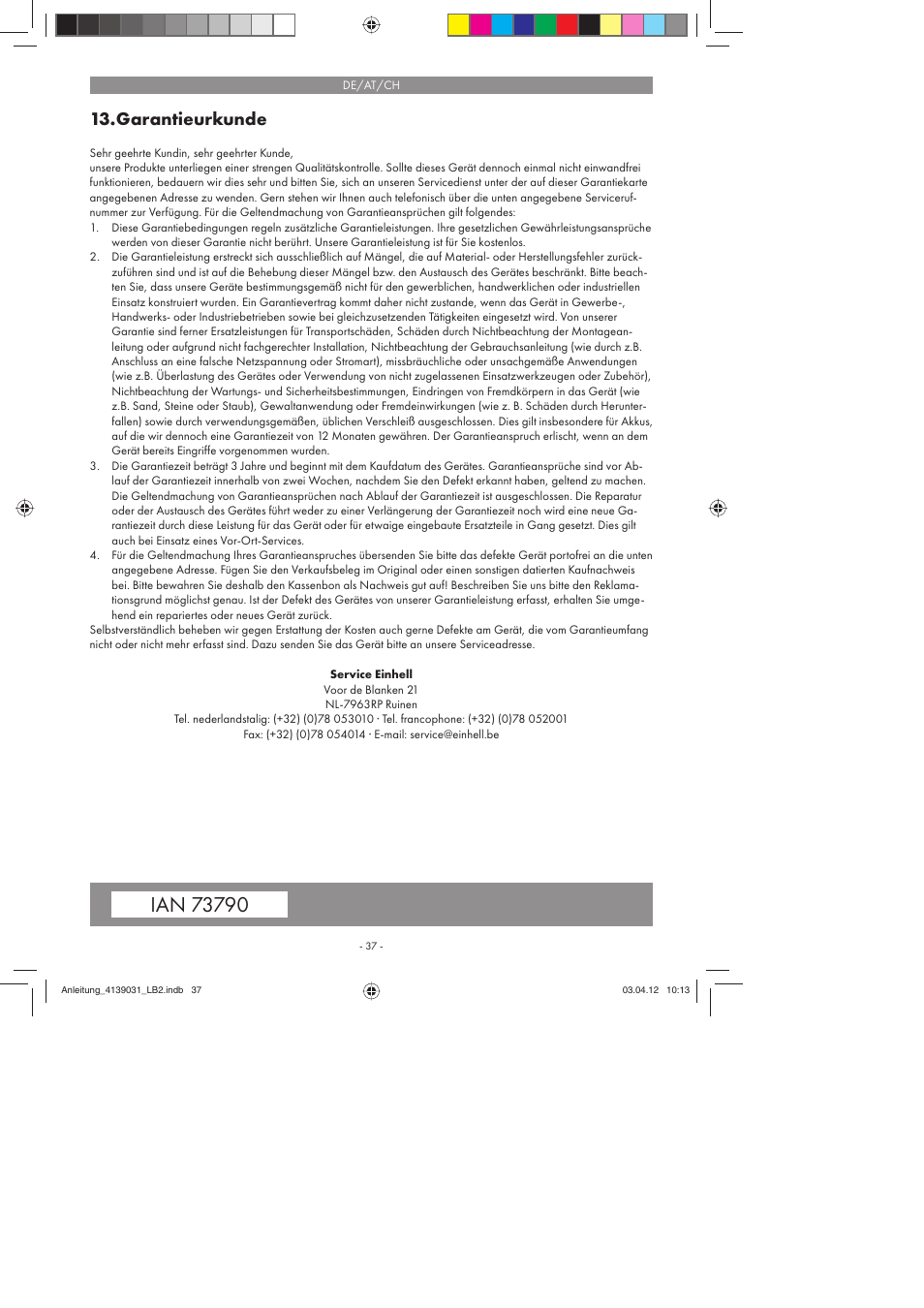 Garantieurkunde | Parkside PDMH 4500 A2 User Manual | Page 37 / 50