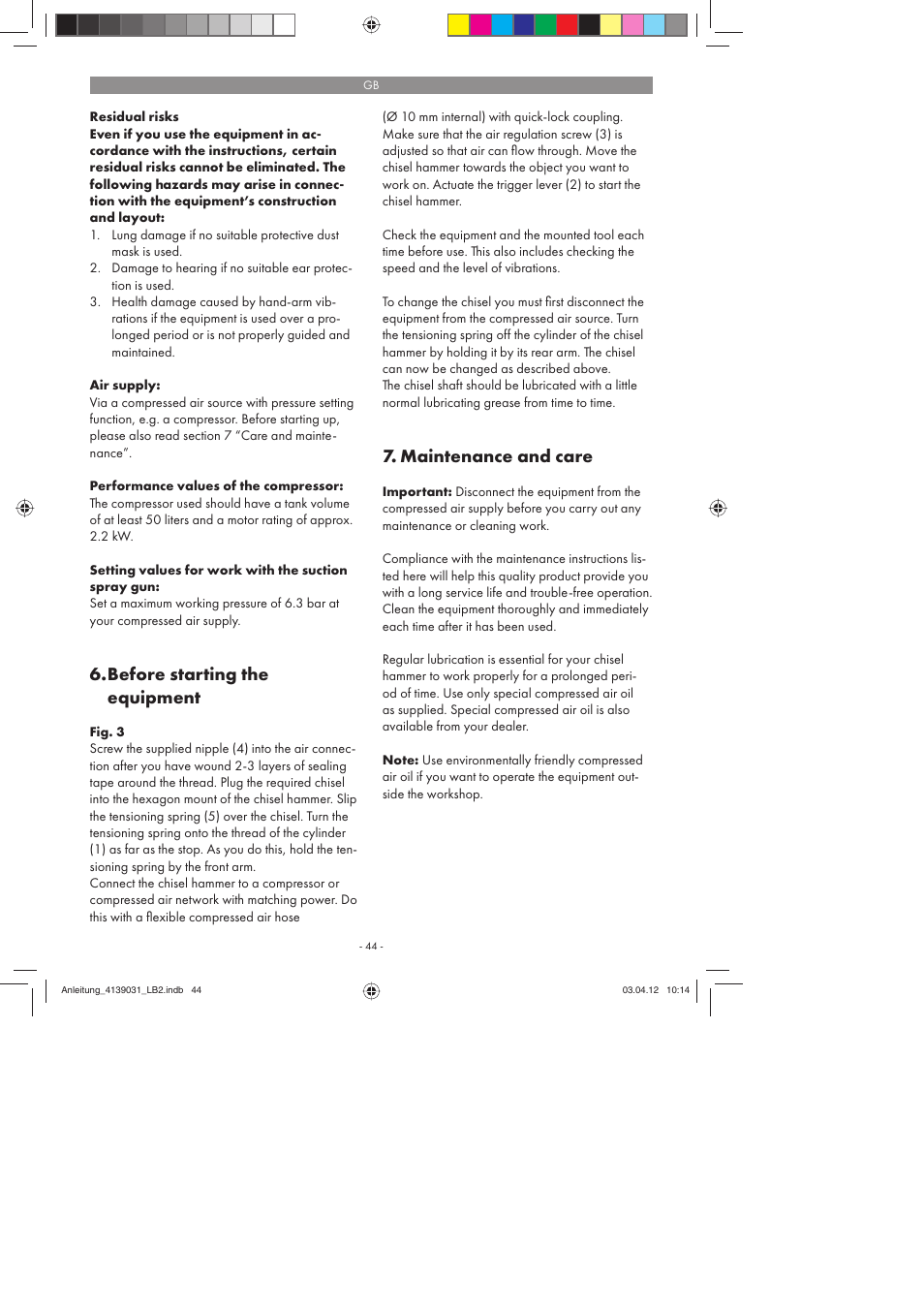 Before starting the equipment, Maintenance and care | Parkside PDMH 4500 A2 User Manual | Page 44 / 50