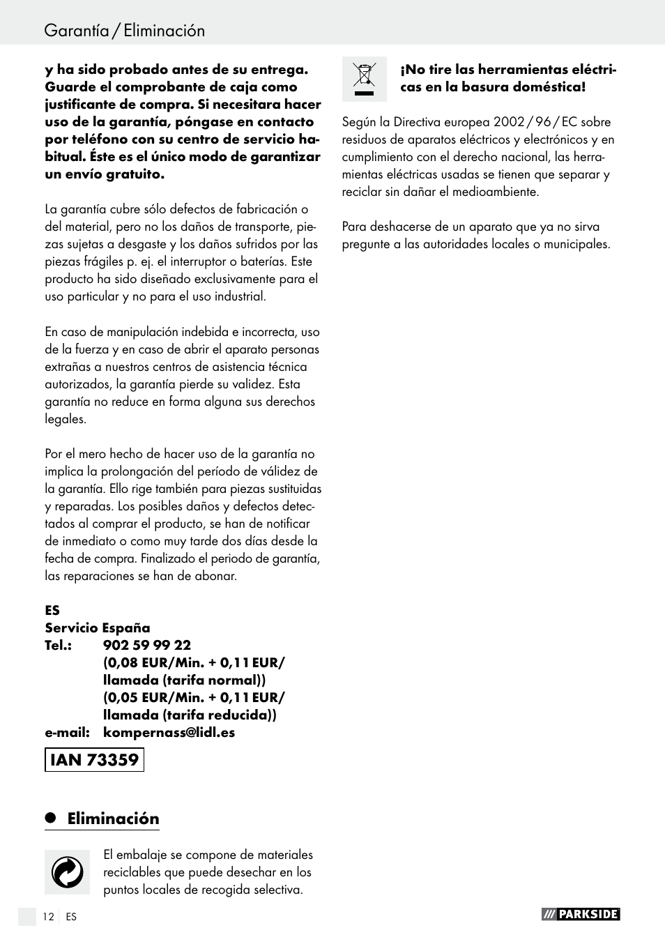 Eliminación | Parkside PES 200 B1 User Manual | Page 12 / 40