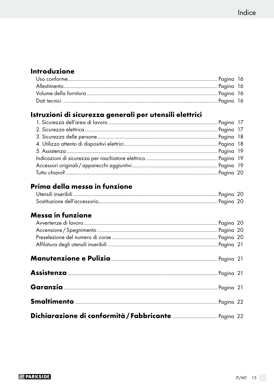 Indice | Parkside PES 200 B1 User Manual | Page 15 / 40