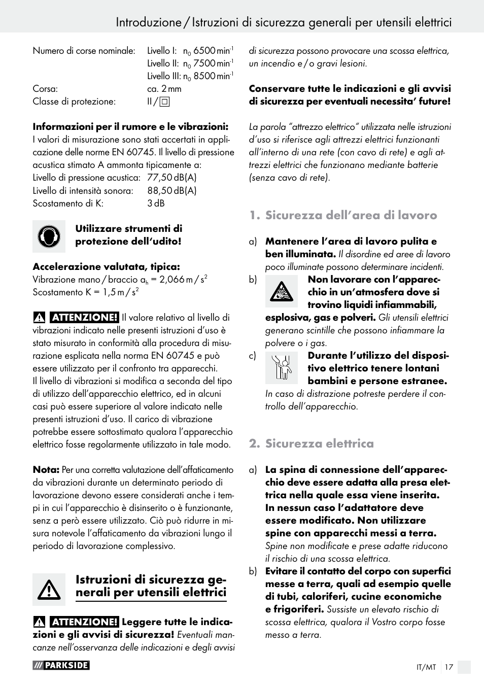 Sicurezza dell’area di lavoro, Sicurezza elettrica | Parkside PES 200 B1 User Manual | Page 17 / 40