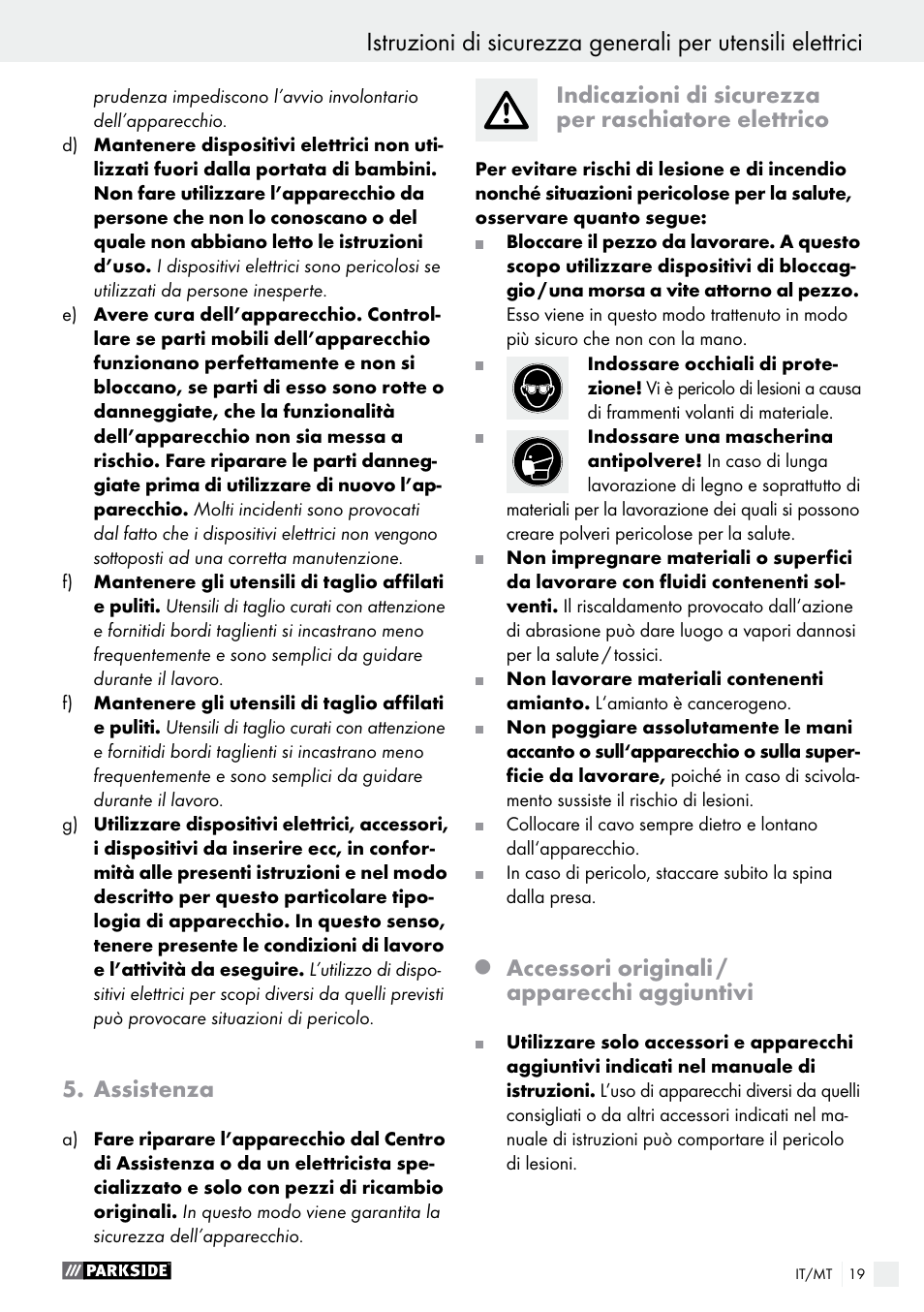 Assistenza, Indicazioni di sicurezza per raschiatore elettrico, Accessori originali / apparecchi aggiuntivi | Parkside PES 200 B1 User Manual | Page 19 / 40