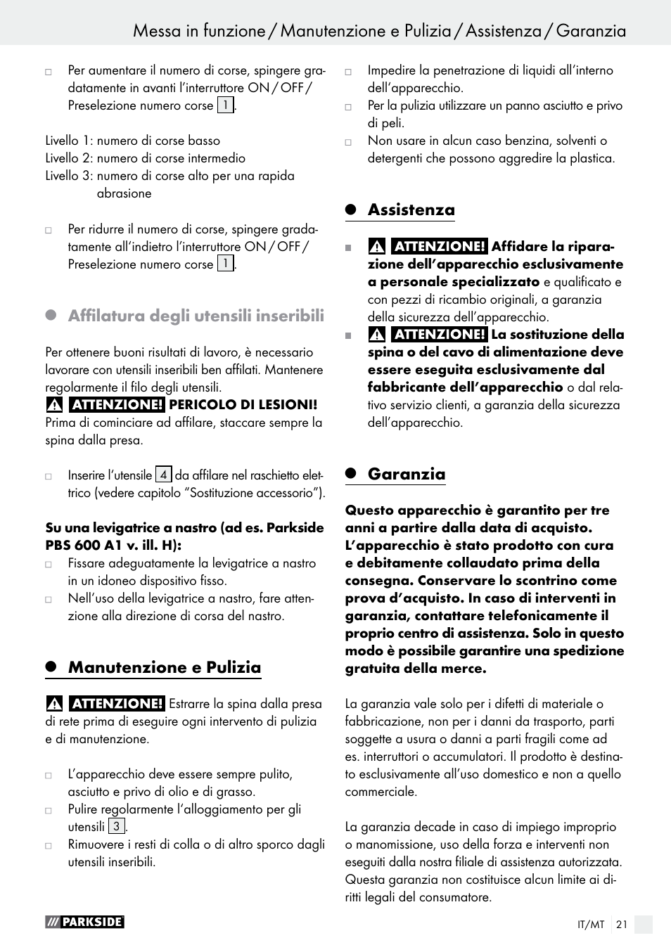 Affilatura degli utensili inseribili, Manutenzione e pulizia, Assistenza | Garanzia | Parkside PES 200 B1 User Manual | Page 21 / 40