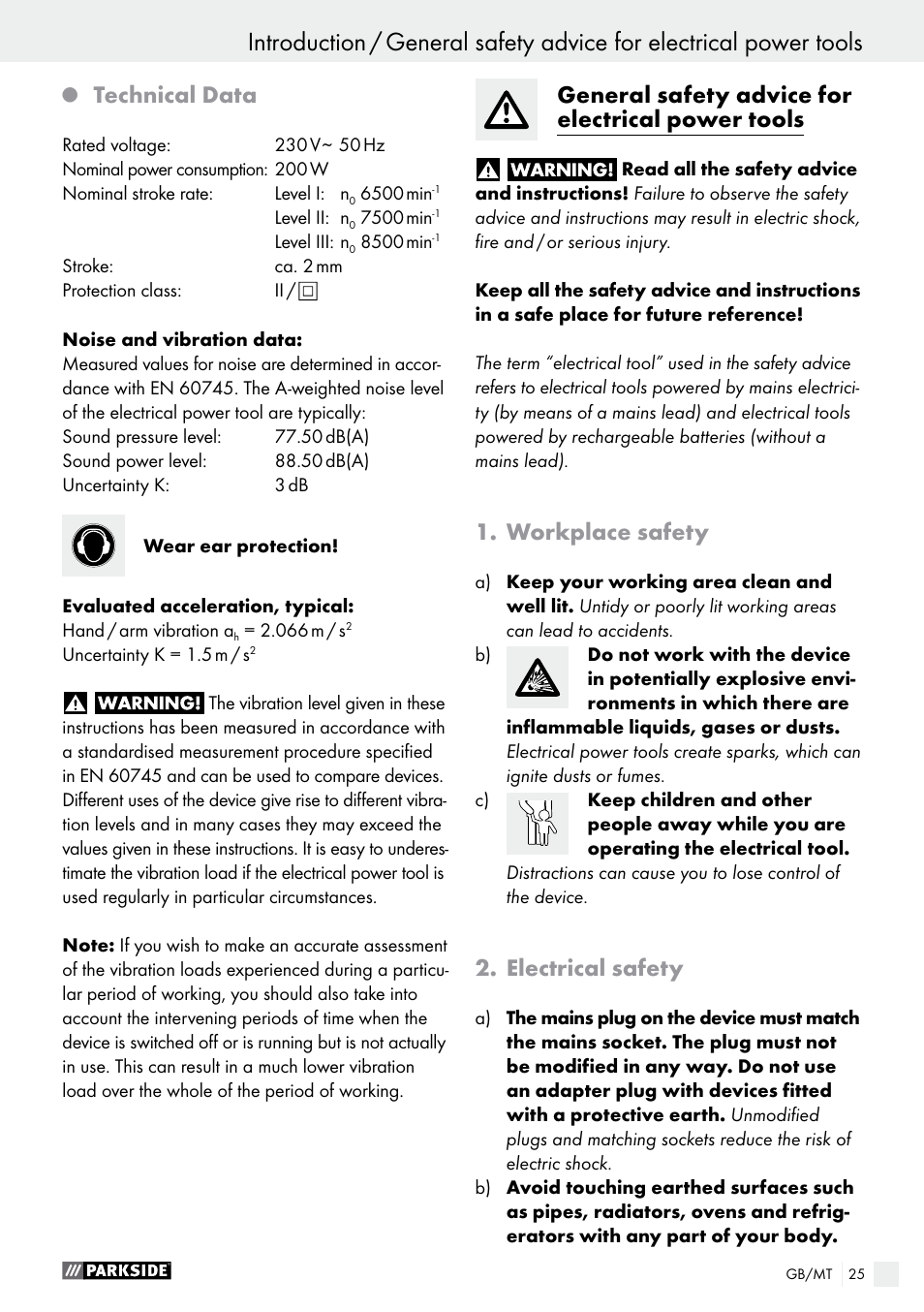 Introduction, Technical data, General safety advice for electrical power tools | Workplace safety, Electrical safety | Parkside PES 200 B1 User Manual | Page 25 / 40