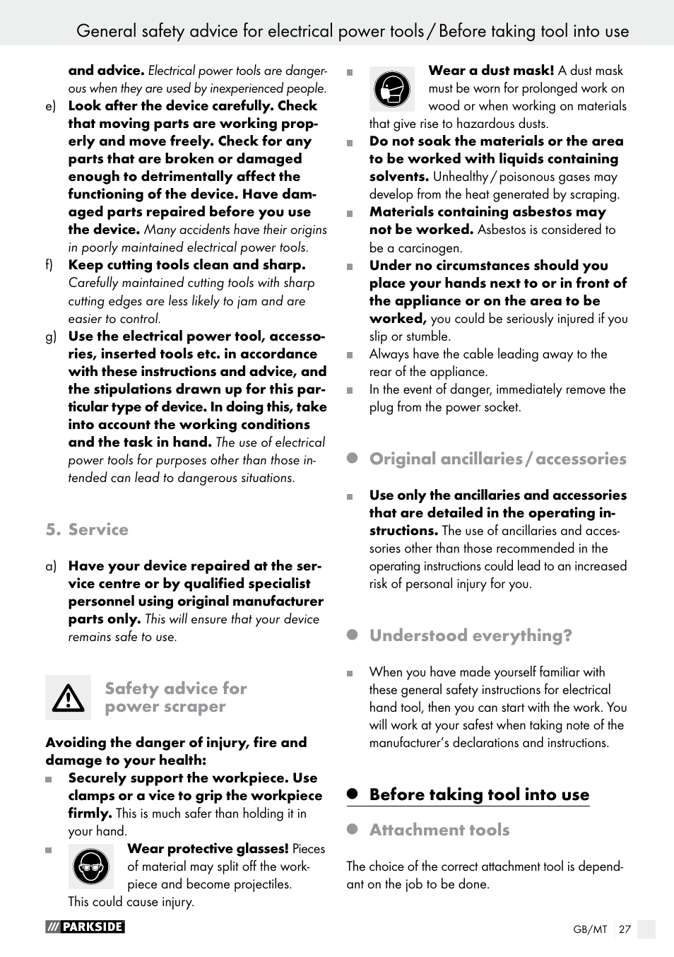 Service, Safety advice for power scraper, Original ancillaries / accessories | Understood everything, Before taking tool into use, Attachment tools | Parkside PES 200 B1 User Manual | Page 27 / 40