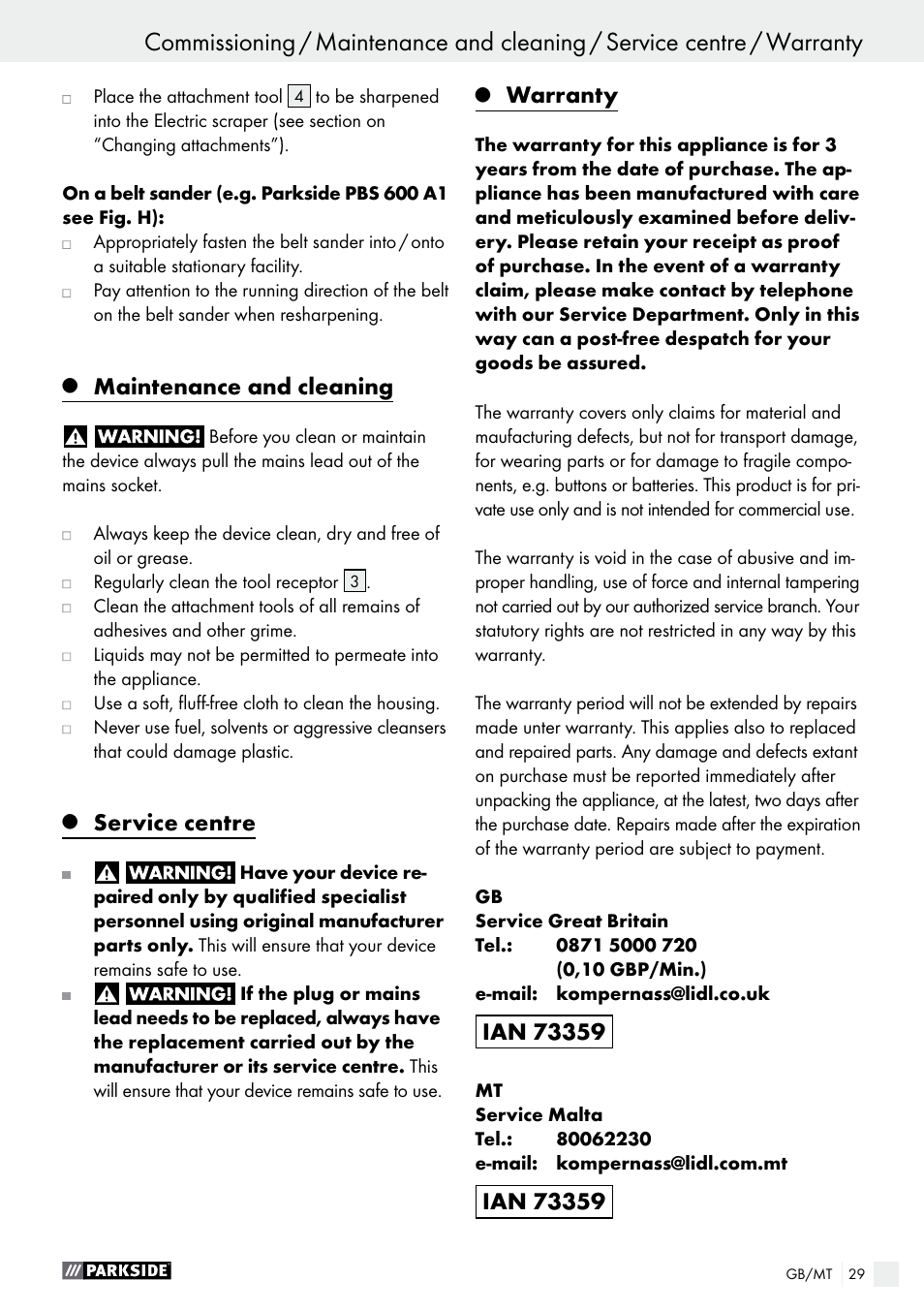 Maintenance and cleaning, Service centre, Warranty | Parkside PES 200 B1 User Manual | Page 29 / 40