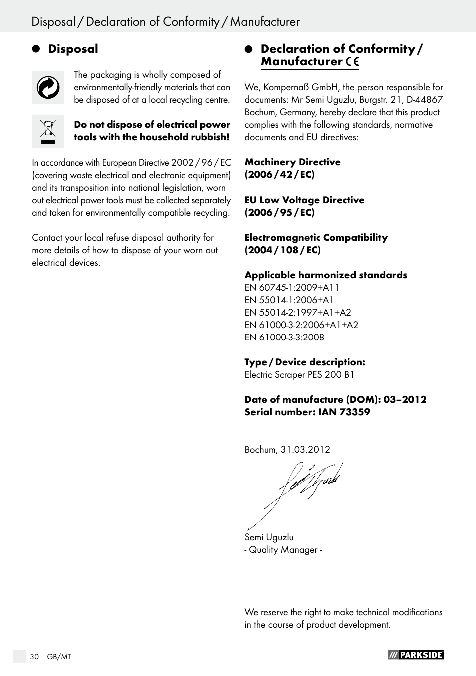 Parkside PES 200 B1 User Manual | Page 30 / 40