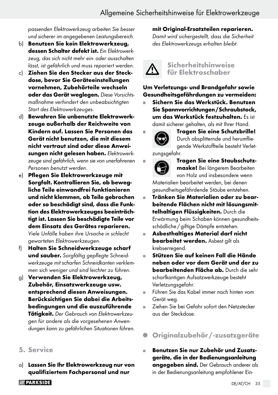 Service, Sicherheitshinweise für elektroschaber, Originalzubehör / -zusatzgeräte | Parkside PES 200 B1 User Manual | Page 35 / 40