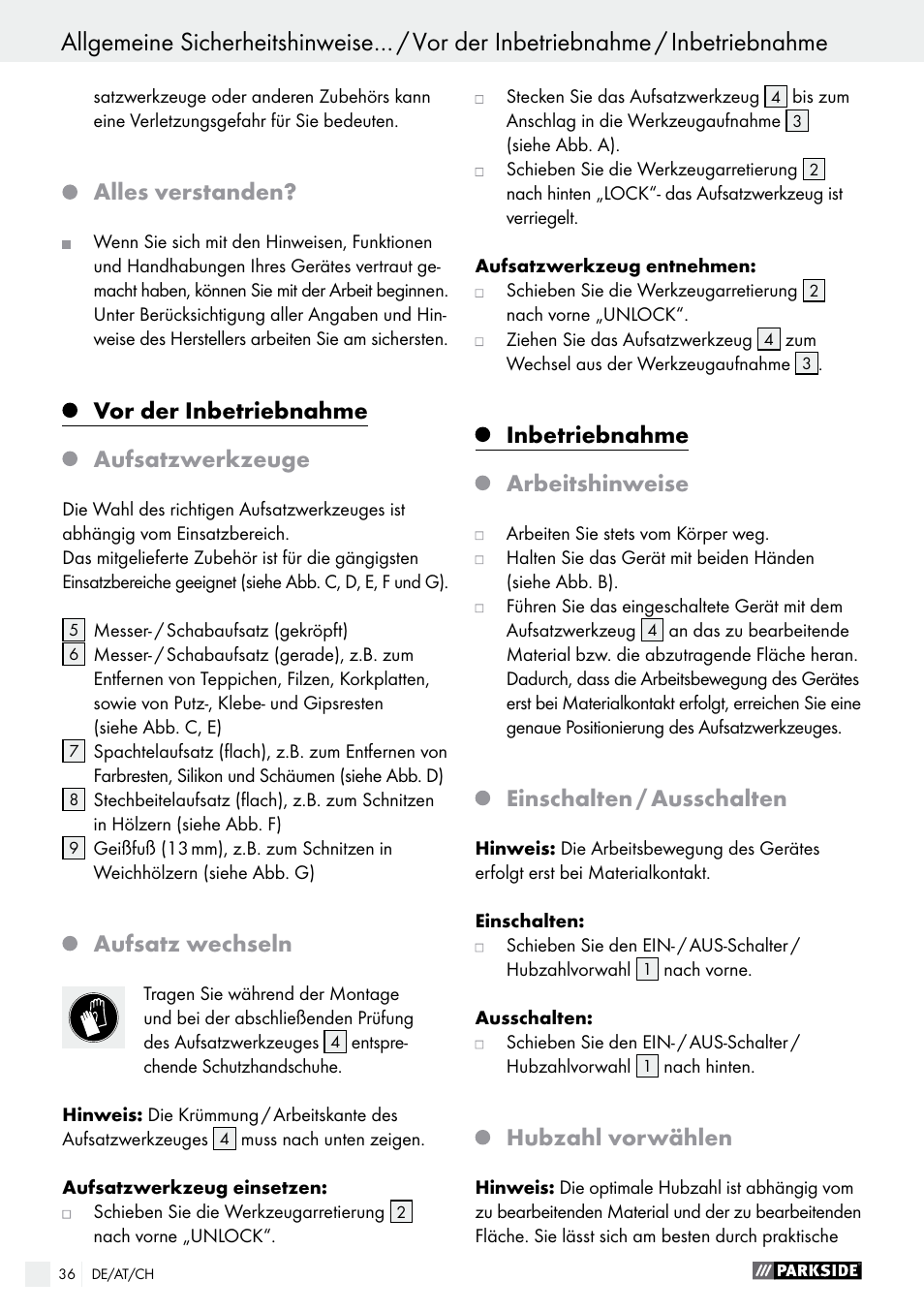 Alles verstanden, Vor der inbetriebnahme, Aufsatzwerkzeuge | Aufsatz wechseln, Inbetriebnahme, Arbeitshinweise, Einschalten / ausschalten, Hubzahl vorwählen | Parkside PES 200 B1 User Manual | Page 36 / 40