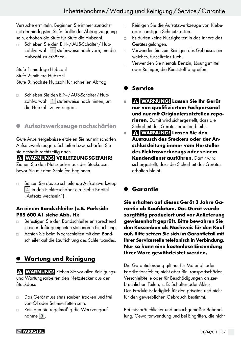 Aufsatzwerkzeuge nachschärfen, Wartung und reinigung, Service | Garantie | Parkside PES 200 B1 User Manual | Page 37 / 40