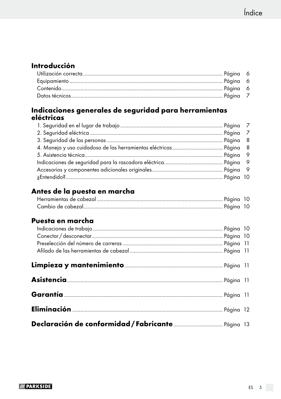 Índice | Parkside PES 200 B1 User Manual | Page 5 / 40