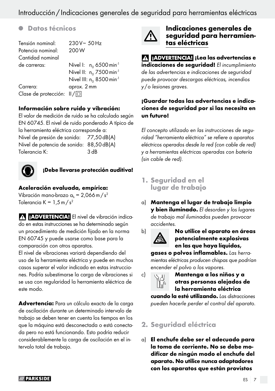 Datos técnicos, Seguridad en el lugar de trabajo, Seguridad eléctrica | Parkside PES 200 B1 User Manual | Page 7 / 40