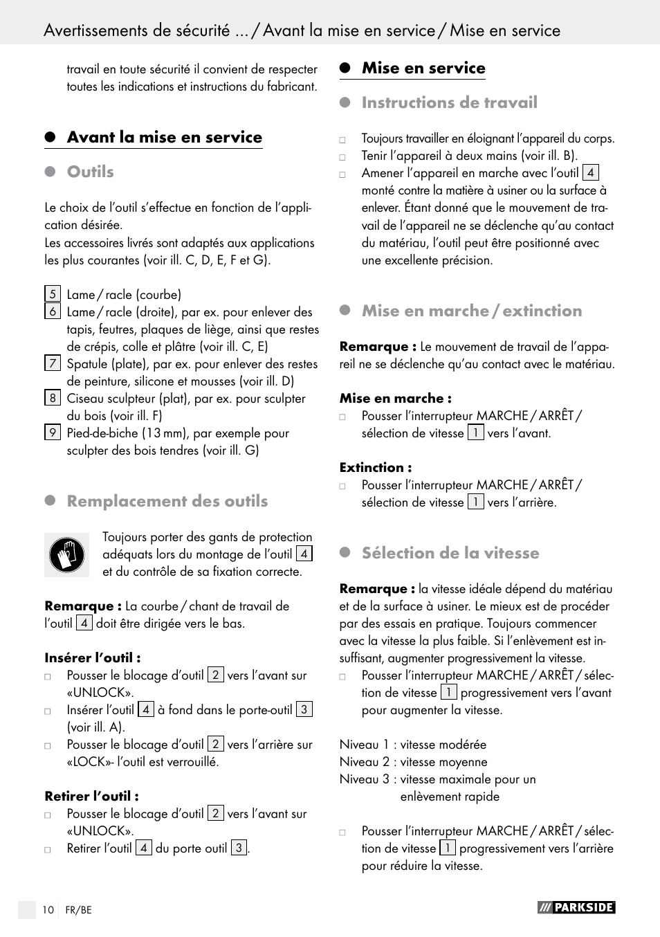Avant la mise en service, Outils, Remplacement des outils | Mise en service, Instructions de travail, Mise en marche / extinction, Sélection de la vitesse | Parkside PES 200 B1 User Manual | Page 10 / 41