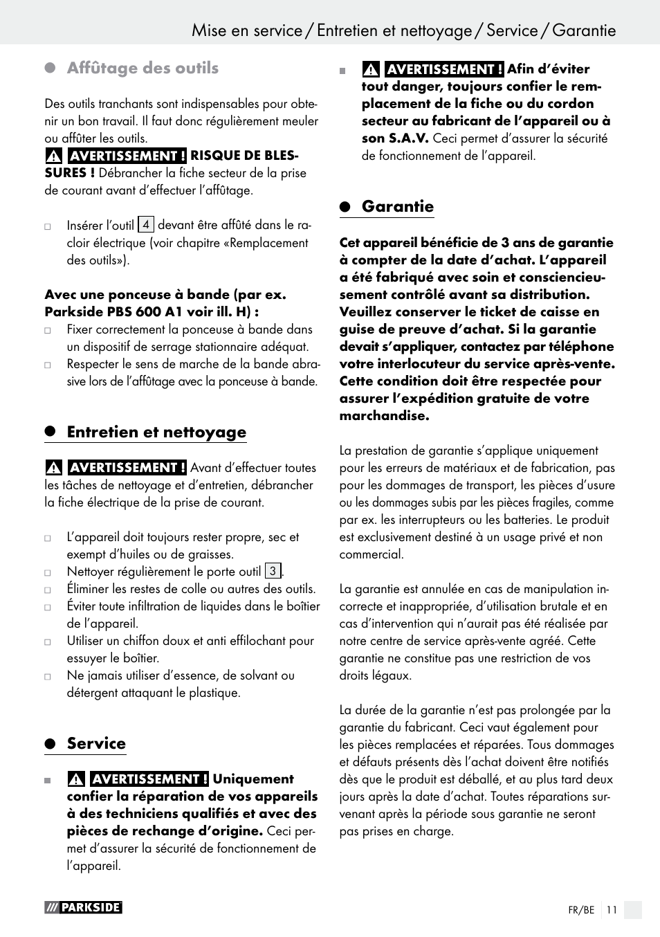 Affûtage des outils, Entretien et nettoyage, Service | Garantie | Parkside PES 200 B1 User Manual | Page 11 / 41