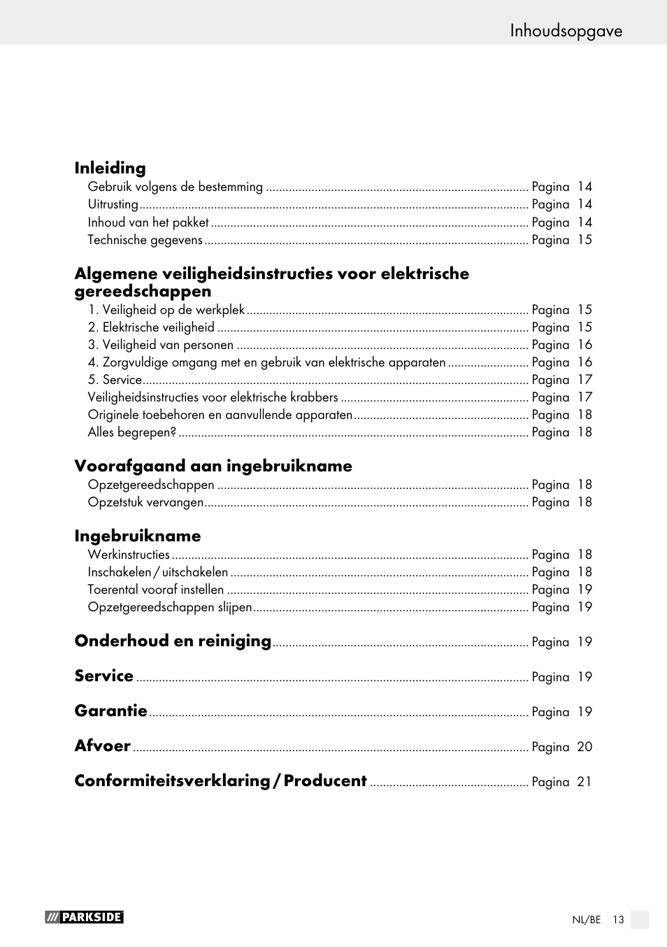Inhoudsopgave | Parkside PES 200 B1 User Manual | Page 13 / 41