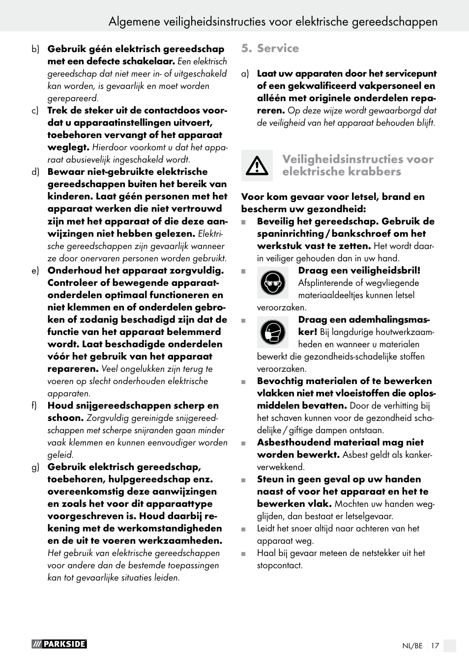 Service, Veiligheidsinstructies voor elektrische krabbers | Parkside PES 200 B1 User Manual | Page 17 / 41