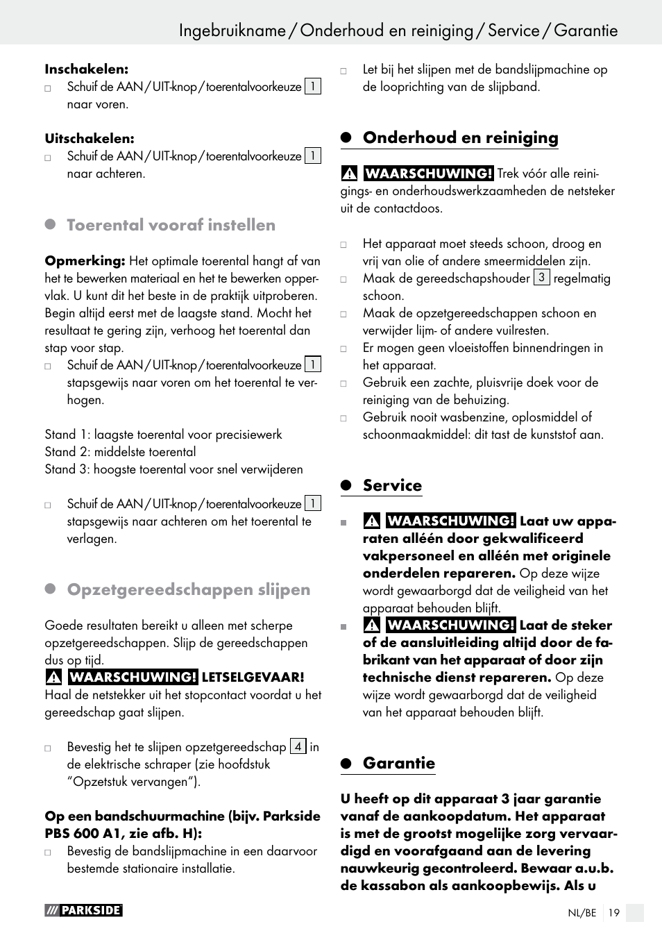 Toerental vooraf instellen, Opzetgereedschappen slijpen, Onderhoud en reiniging | Service, Garantie | Parkside PES 200 B1 User Manual | Page 19 / 41