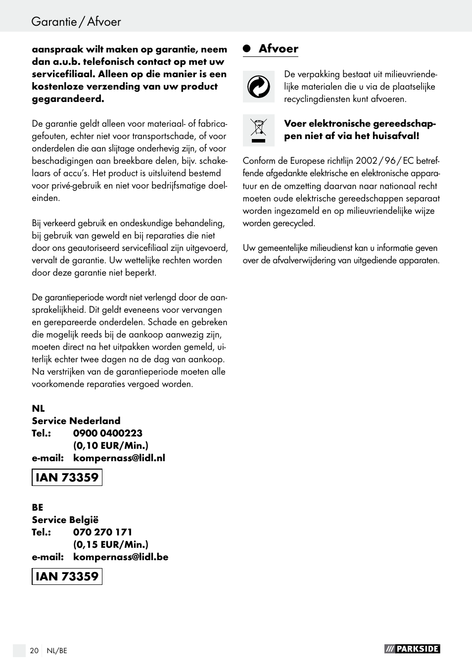 Conformiteitsverklaring / producent, Garantie / afvoer | Parkside PES 200 B1 User Manual | Page 20 / 41