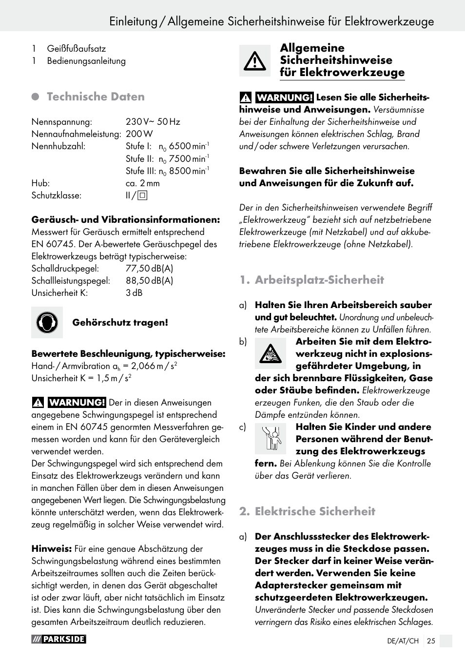 Technische daten, Arbeitsplatz-sicherheit, Elektrische sicherheit | Parkside PES 200 B1 User Manual | Page 25 / 41