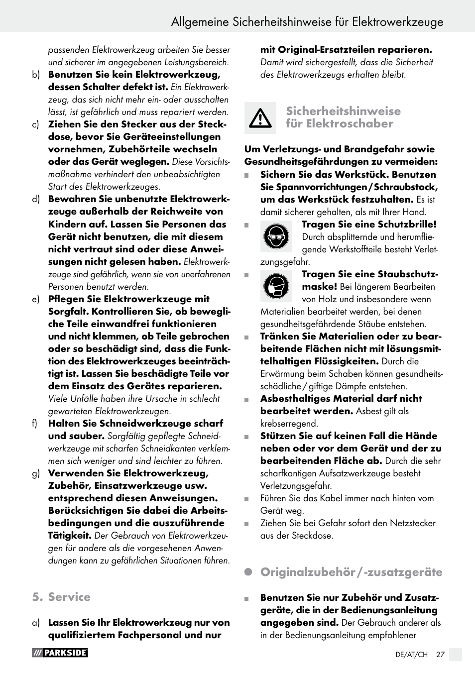Service, Sicherheitshinweise für elektroschaber, Originalzubehör / -zusatzgeräte | Parkside PES 200 B1 User Manual | Page 27 / 41