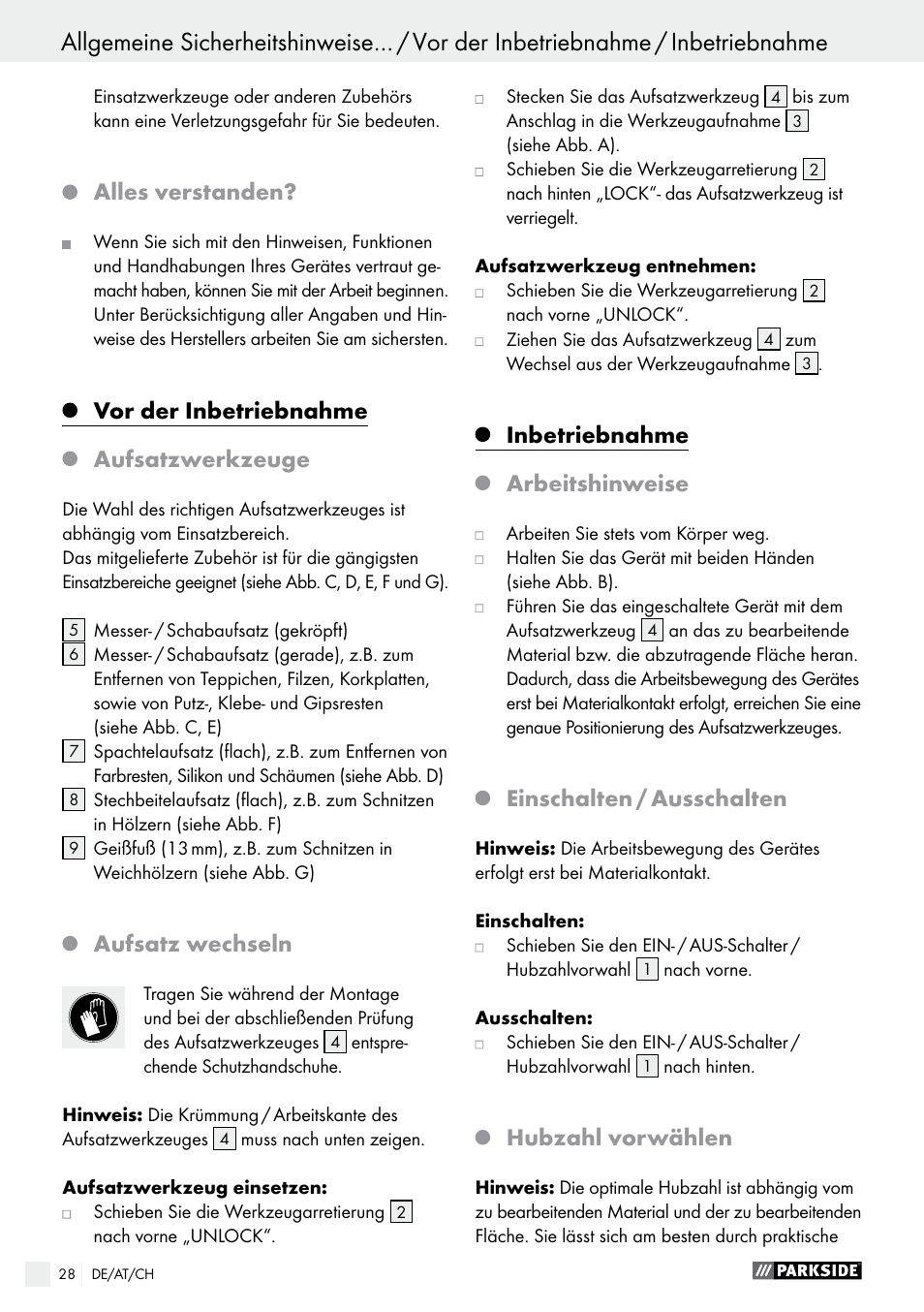Alles verstanden, Vor der inbetriebnahme, Aufsatzwerkzeuge | Aufsatz wechseln, Inbetriebnahme, Arbeitshinweise, Einschalten / ausschalten, Hubzahl vorwählen | Parkside PES 200 B1 User Manual | Page 28 / 41