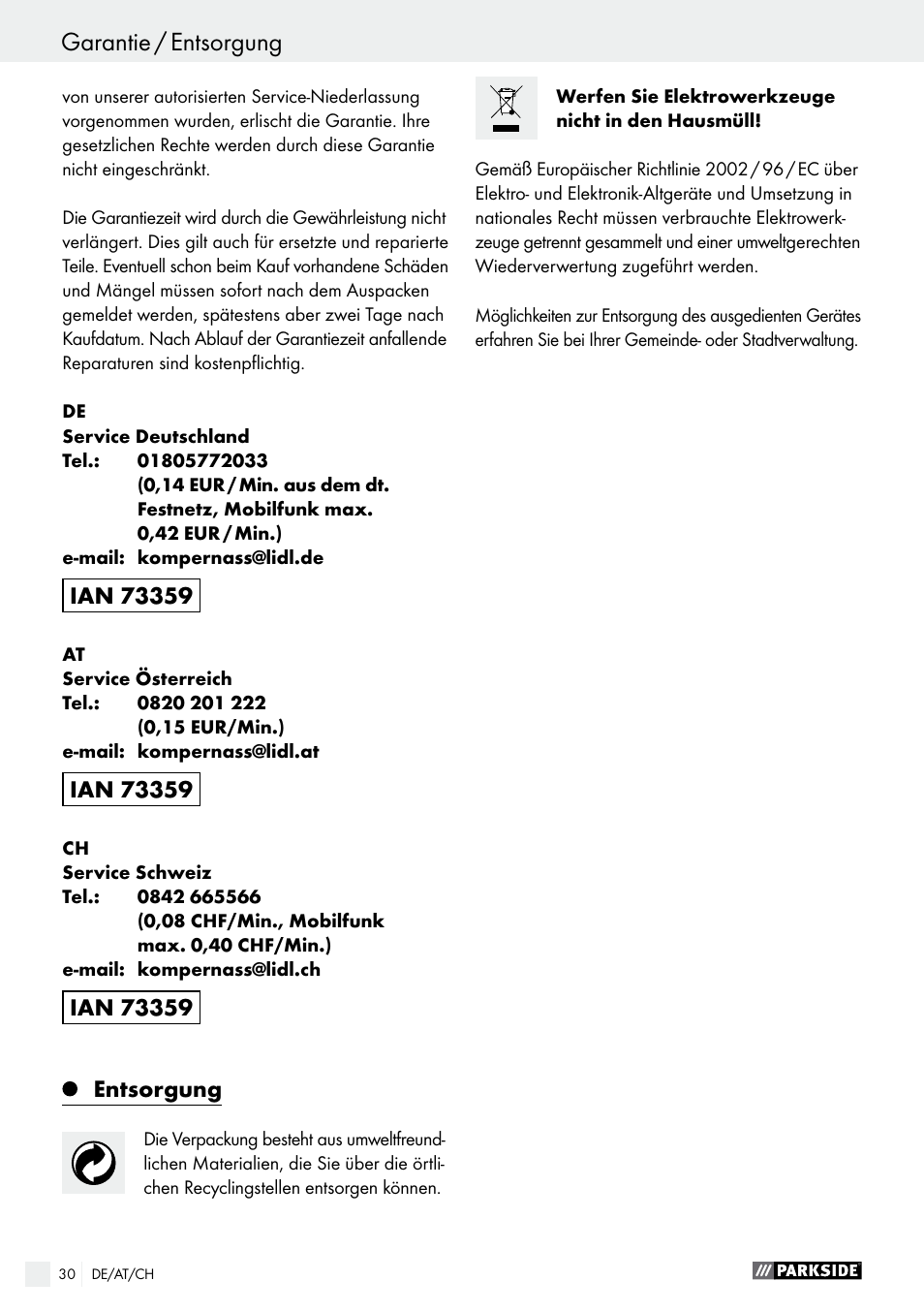 Garantie / entsorgung, Konformitätserklärung / hersteller | Parkside PES 200 B1 User Manual | Page 30 / 41