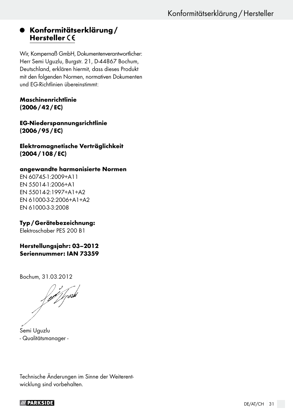 Konformitätserklärung / hersteller | Parkside PES 200 B1 User Manual | Page 31 / 41