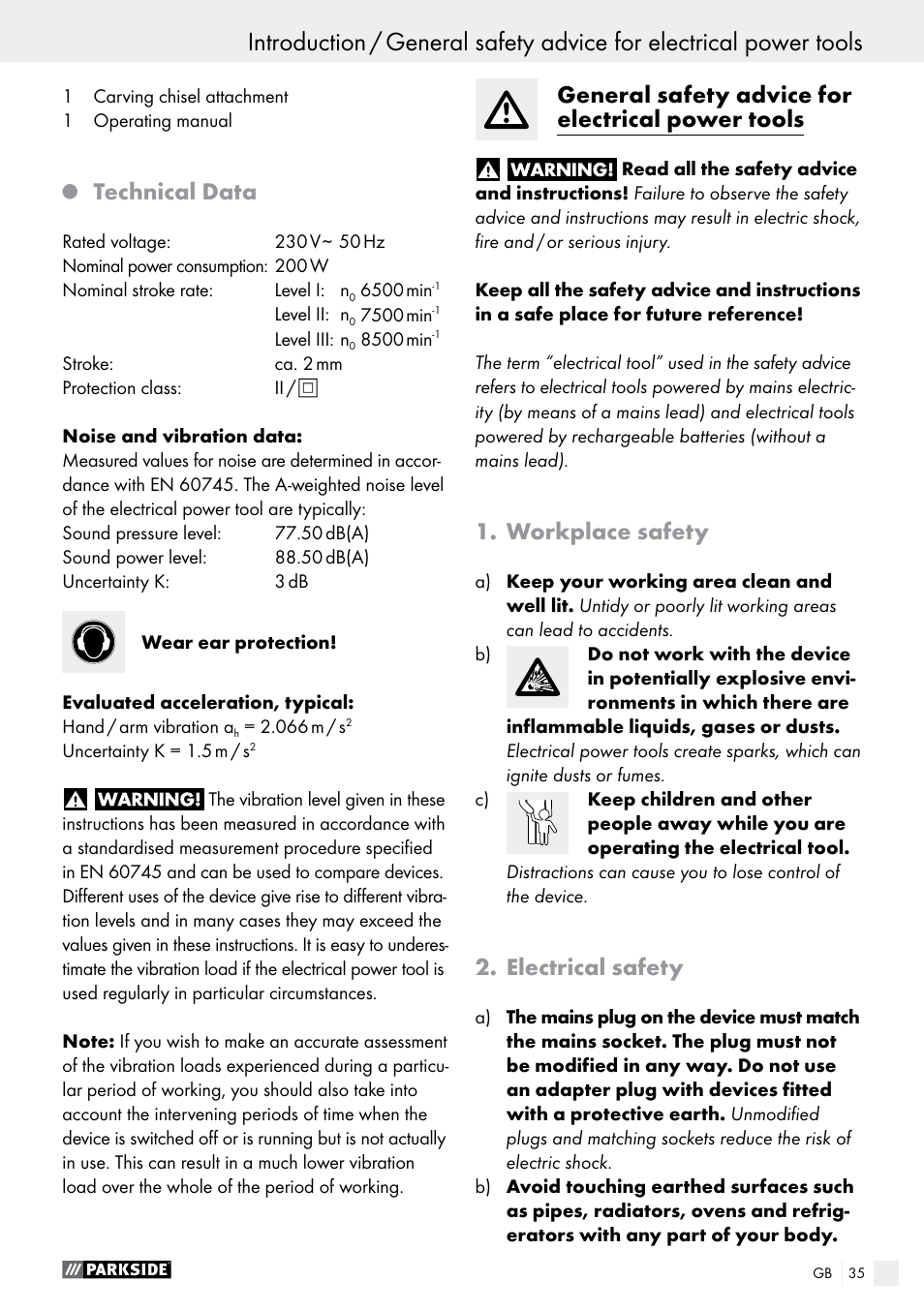 Technical data, General safety advice for electrical power tools, Workplace safety | Electrical safety | Parkside PES 200 B1 User Manual | Page 35 / 41