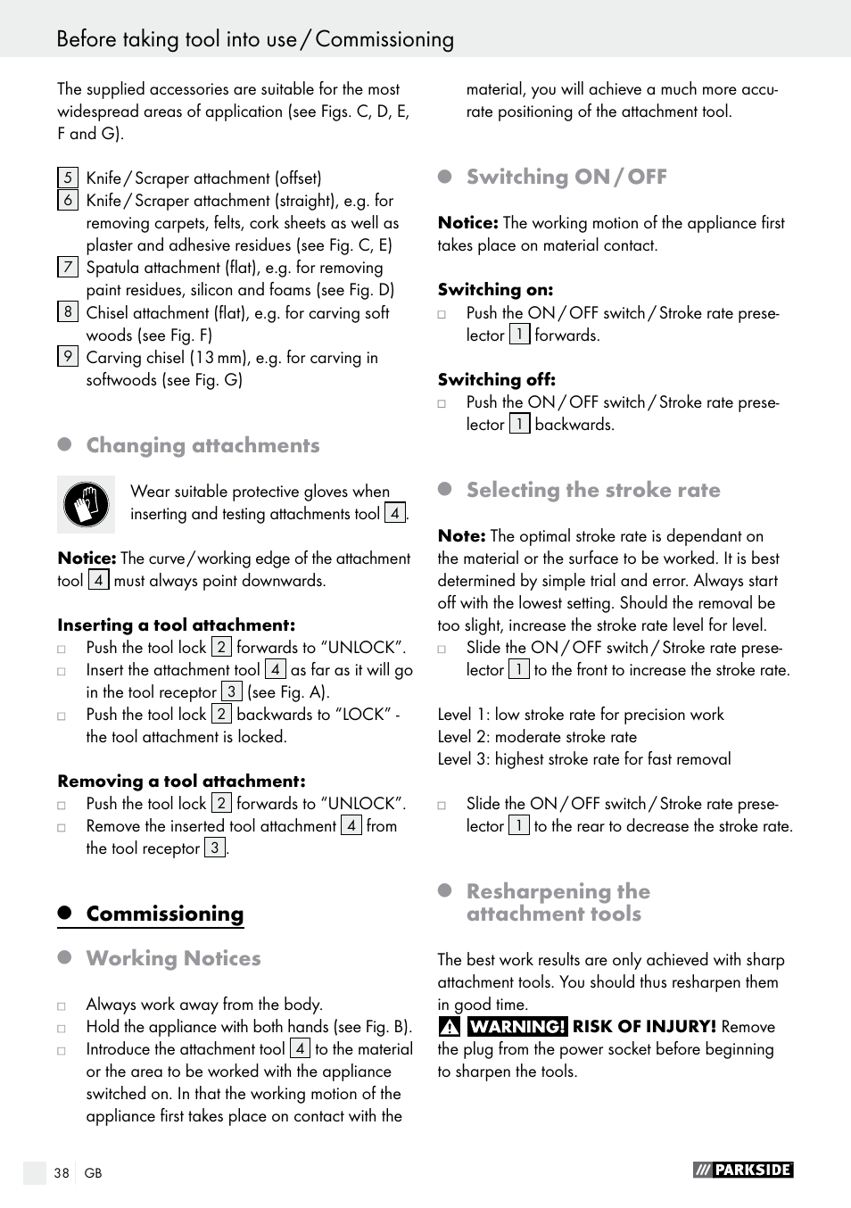 Changing attachments, Commissioning, Working notices | Switching on / off, Selecting the stroke rate, Resharpening the attachment tools | Parkside PES 200 B1 User Manual | Page 38 / 41
