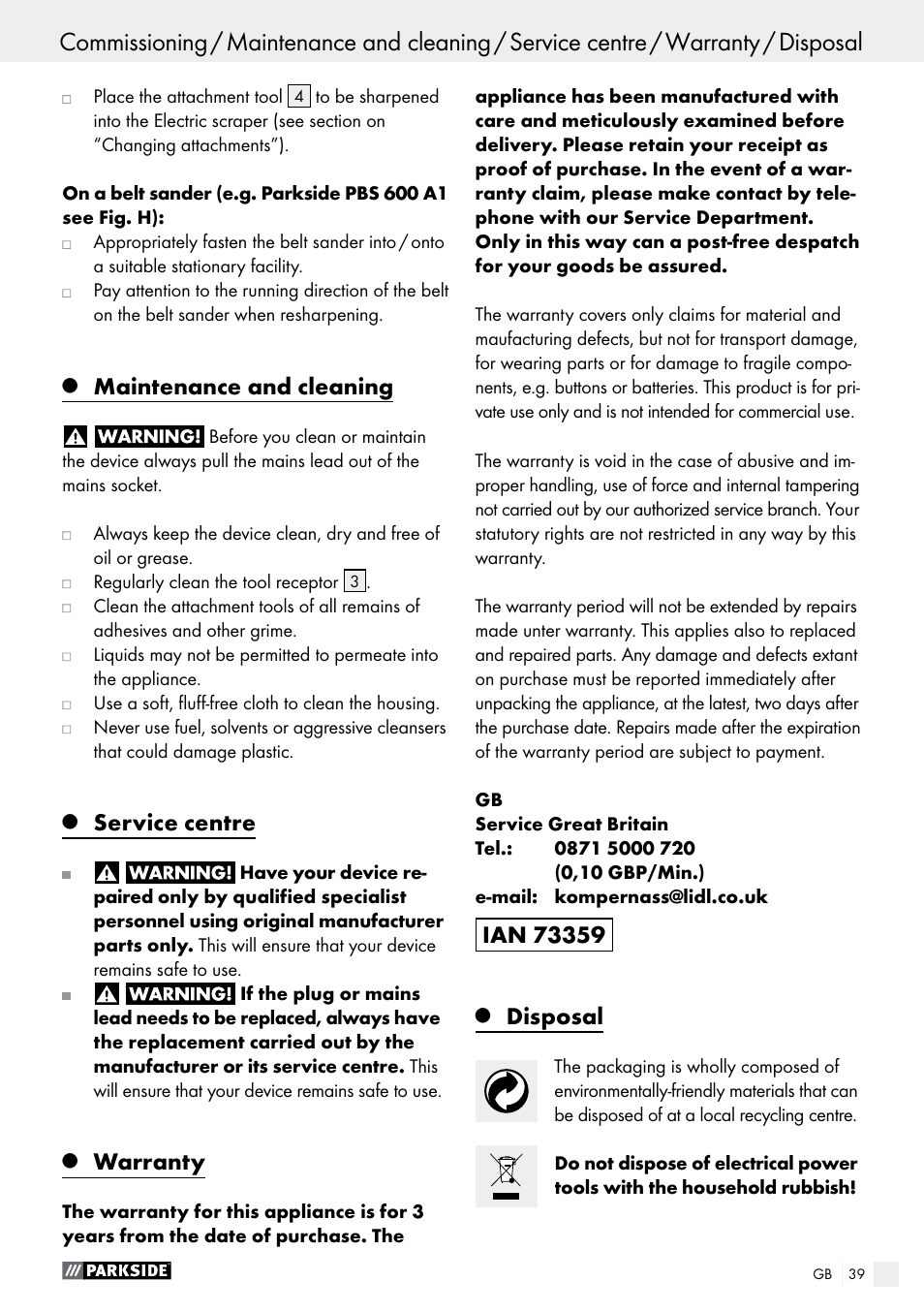 Maintenance and cleaning, Service centre, Warranty | Disposal | Parkside PES 200 B1 User Manual | Page 39 / 41