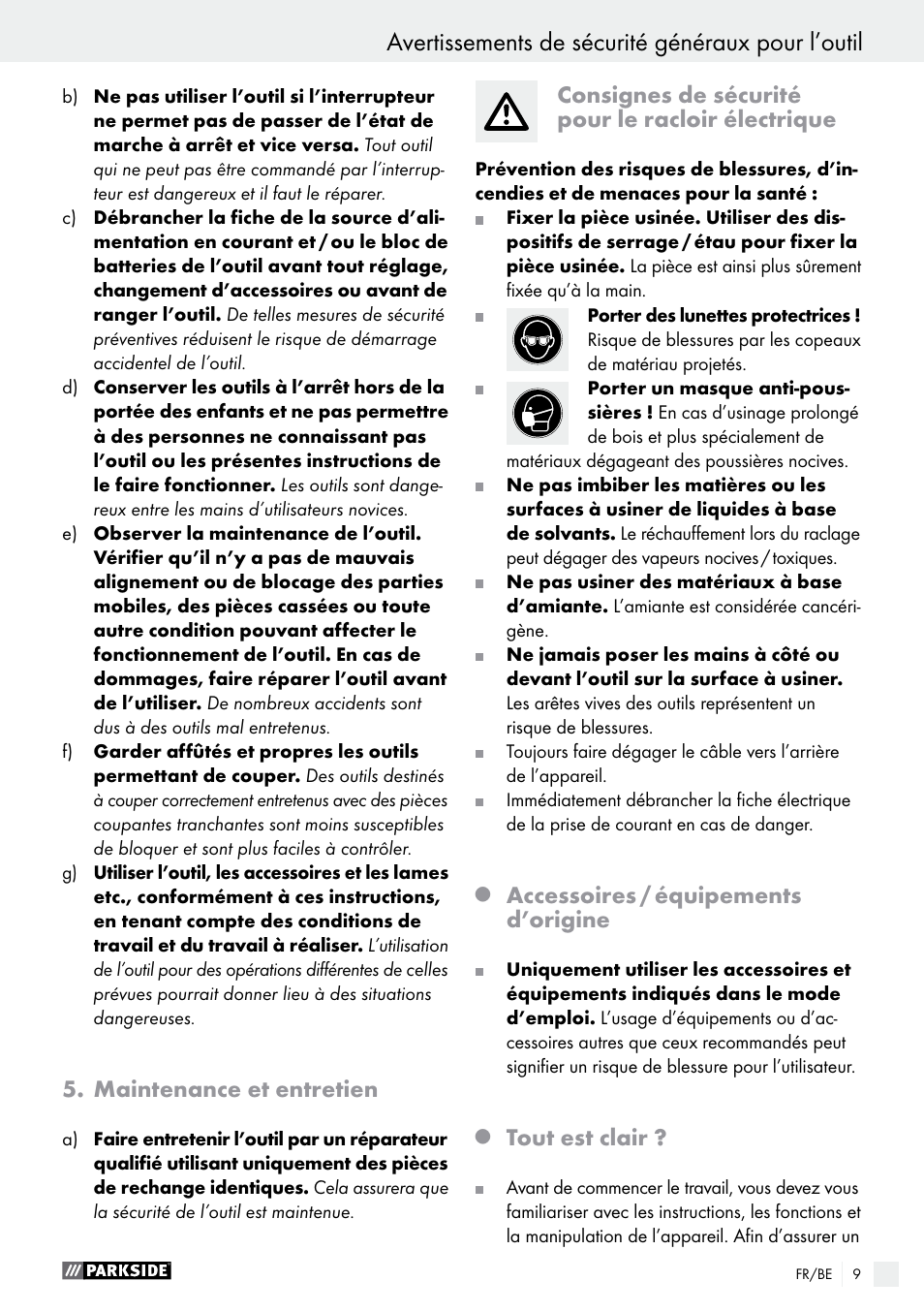 Avertissements de sécurité généraux pour l’outil, Maintenance et entretien, Consignes de sécurité pour le racloir électrique | Accessoires / équipements d’origine, Tout est clair | Parkside PES 200 B1 User Manual | Page 9 / 41