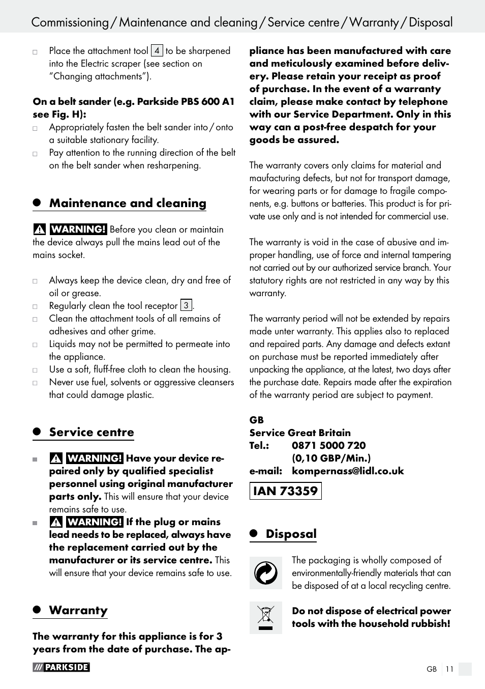 Maintenance and cleaning, Service centre, Warranty | Disposal | Parkside PES 200 B1 User Manual | Page 11 / 58